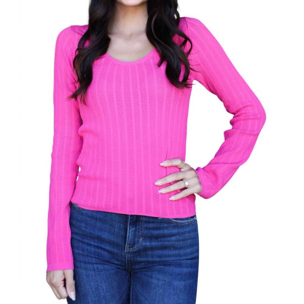 NEW SCALA lace long sleeve u-neckline top in hot pink